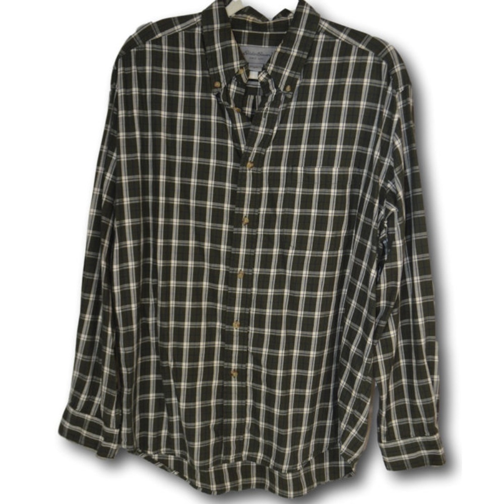 Eddie Bauer Plaid Khaki & White Button Down Shirt L